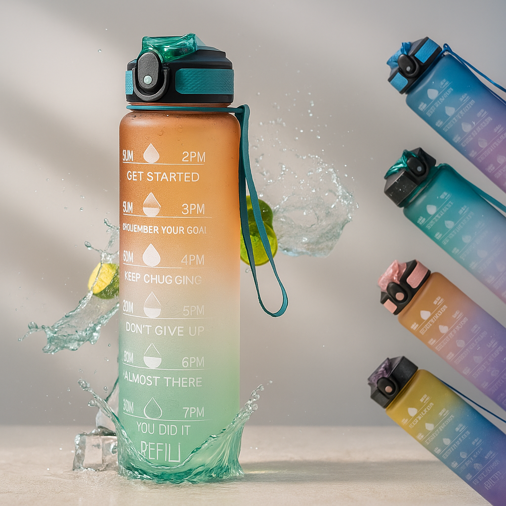 1 Litre Motivational Water Bottle with Straw, Time Marker & Leakproof Lid – Lunetra