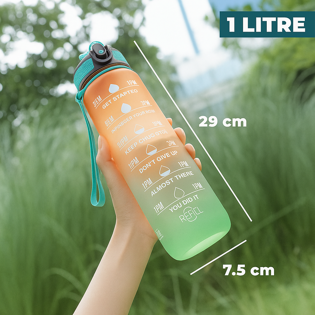 1 Litre Motivational Water Bottle with Straw, Time Marker & Leakproof Lid – Lunetra