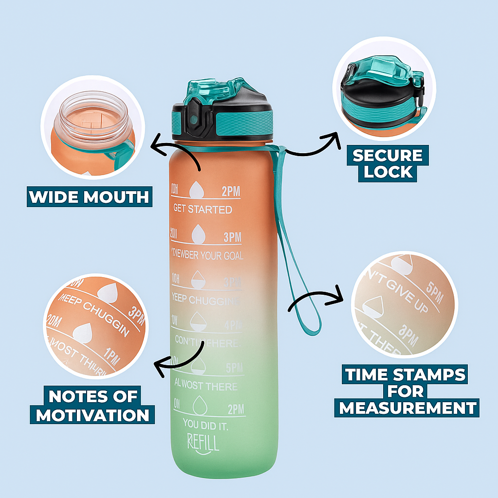 1 Litre Motivational Water Bottle with Straw, Time Marker & Leakproof Lid – Lunetra